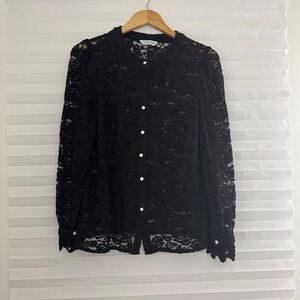 PrettyGarden Black Floral Lace Button Down Blouse Long Sleeve Crew Goth Top L